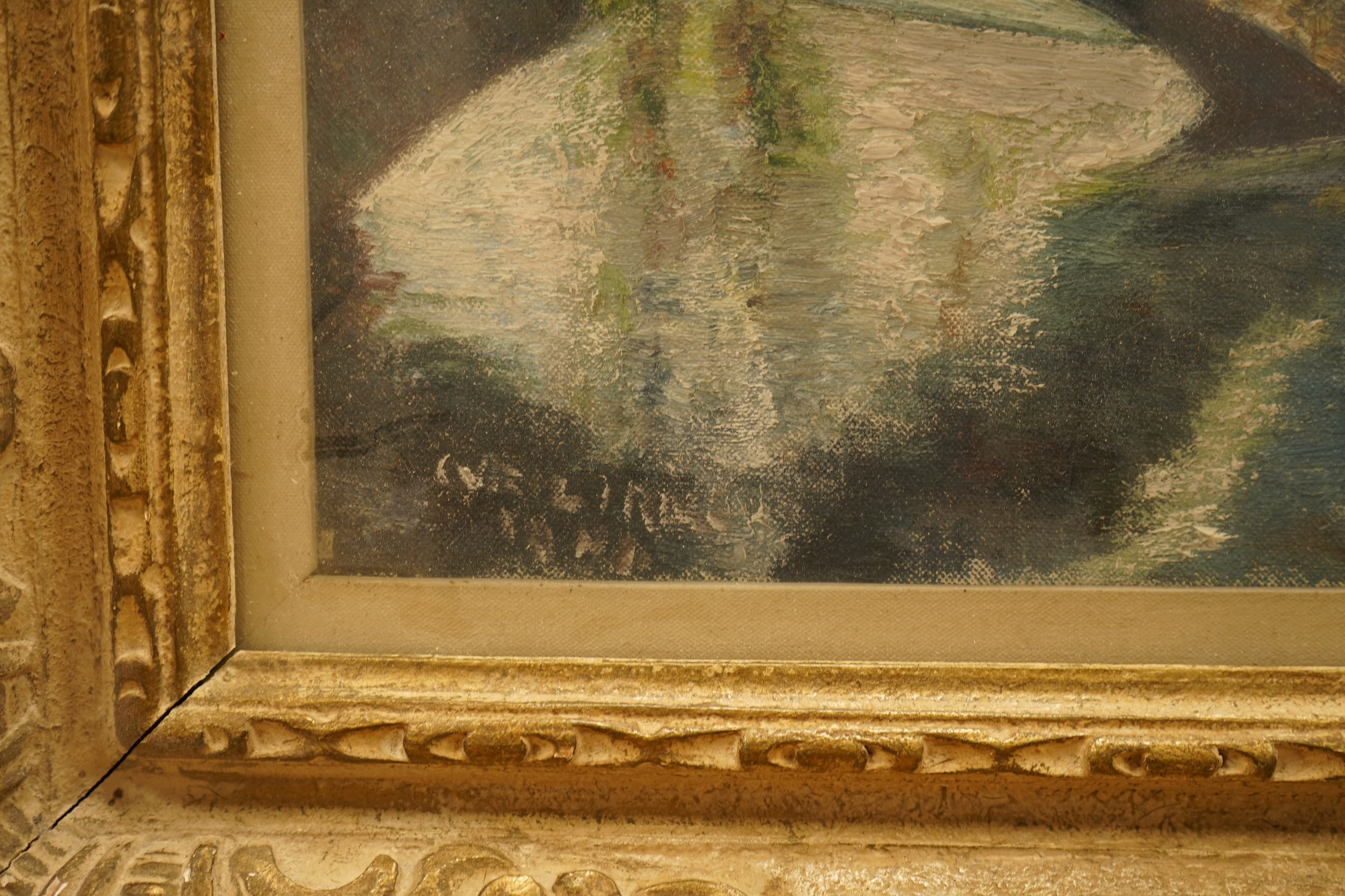 Monica Morris, Continental view with bridge over water, signed, inscribed verso, oil on canvas, 34 x 42cm, ornate frame